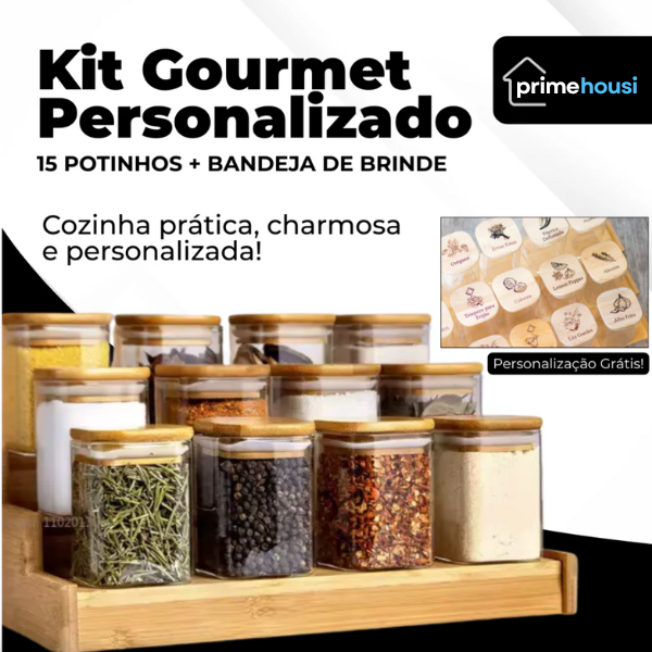 Kit 15 Potes Organiza Gourmet™ + Gravação a Laser (PERSONALIZADA) + Bandeja | Só até 23:59!